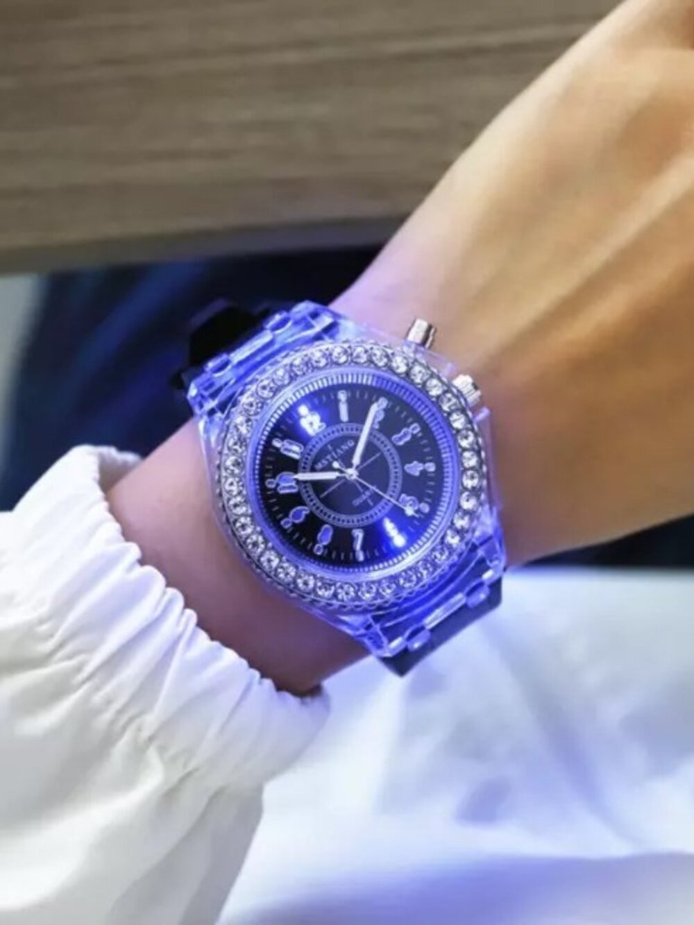 LED Light Up Analog Wrist Watch Black Band Crystal Bezel Fashion Gift Unisex